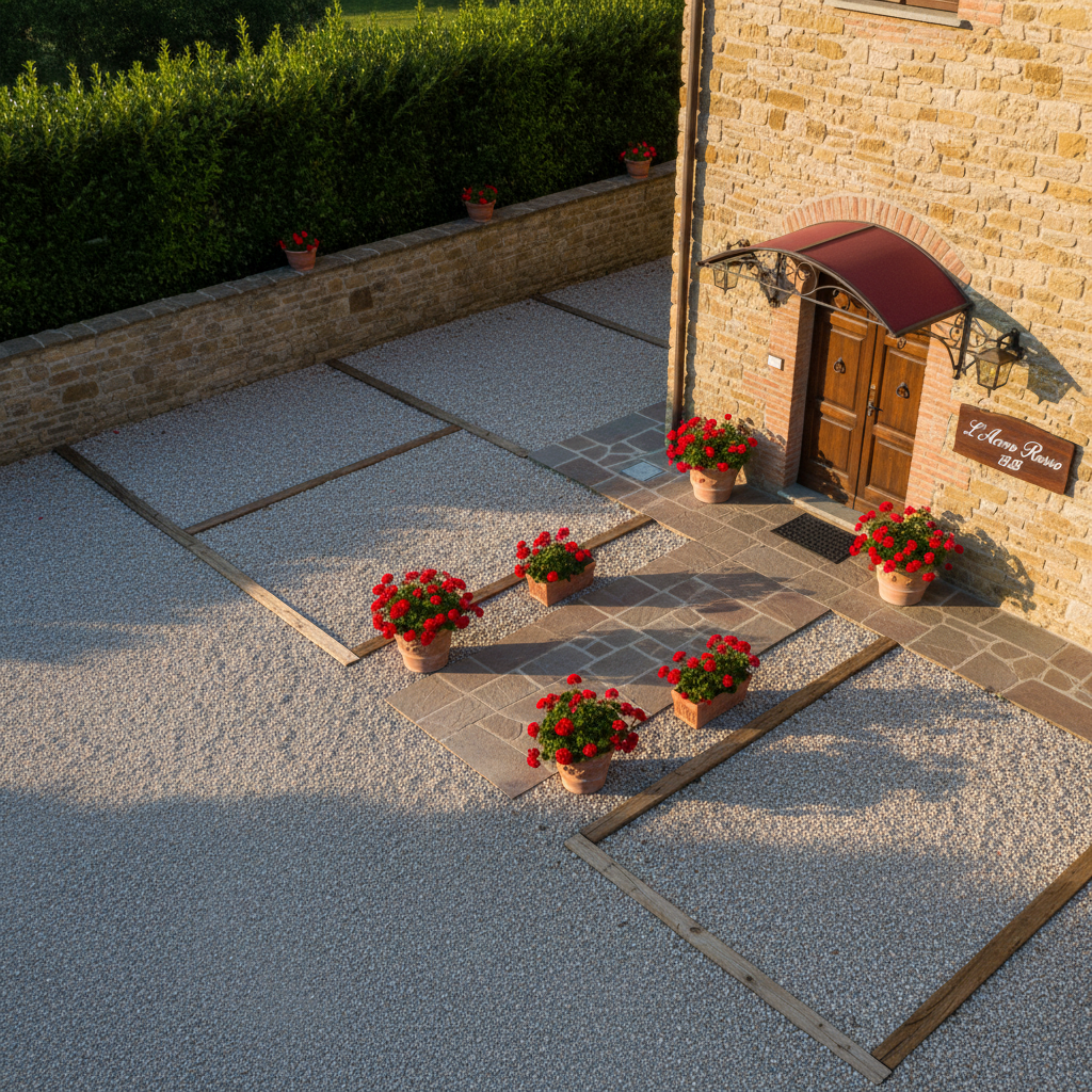 A tidy, well-organized parking and entrance area of L’Acero Rosso B&B, designed to reassure arriving guests. A compact gravel parking lot with clearly defined spaces borders a low stone wall and a row of trimmed hedges. A short, paved walkway lined with potted geraniums leads from the parking area to the main entrance door, which is framed by warm stone and a small canopy. Late afternoon sunlight creates crisp yet gentle shadows, highlighting the textures of gravel, stone, and foliage. Photographic realism, shot from a slightly elevated corner angle, captures both the practical parking amenities and the welcoming doorway in one composition. The scene feels orderly, safe, and professionally maintained, reflecting good hospitality and attention to guest needs.
