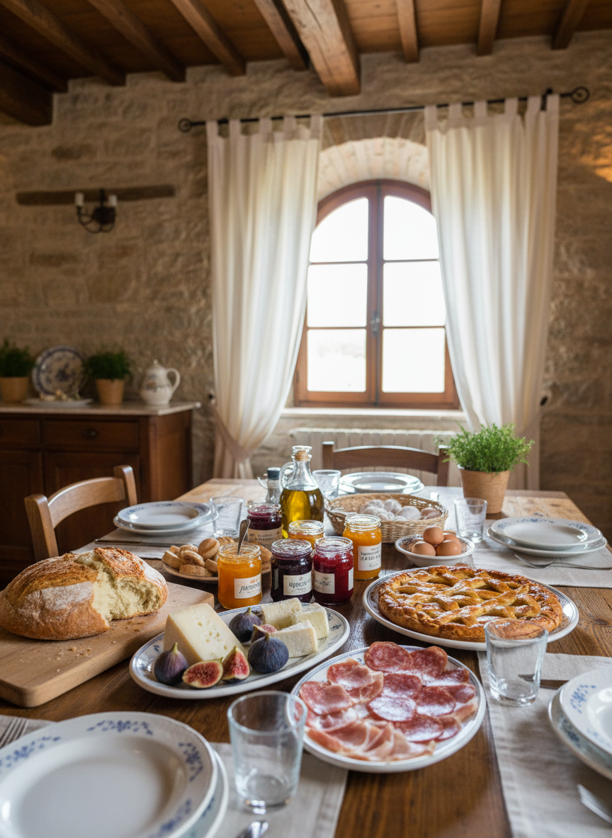 An inviting breakfast table inside L’Acero Rosso B&B, set in a cozy dining room with exposed stone walls and a beamed wooden ceiling. A sturdy wooden table is laid with local Umbrian and Tuscan specialties: crusty farmhouse bread, pecorino cheese on a ceramic platter, thin slices of cured meats, small jars of jam, a freshly baked crostata, and a carafe of golden olive oil. Soft morning light filters through a large window framed by light linen curtains, casting gentle highlights on porcelain plates and glassware. Shot from a slightly elevated angle with a shallow depth of field, focusing on the food while the background shows a blurred glimpse of a traditional sideboard. The mood is warm, authentic, and gastronomic, in clean photographic realism.
